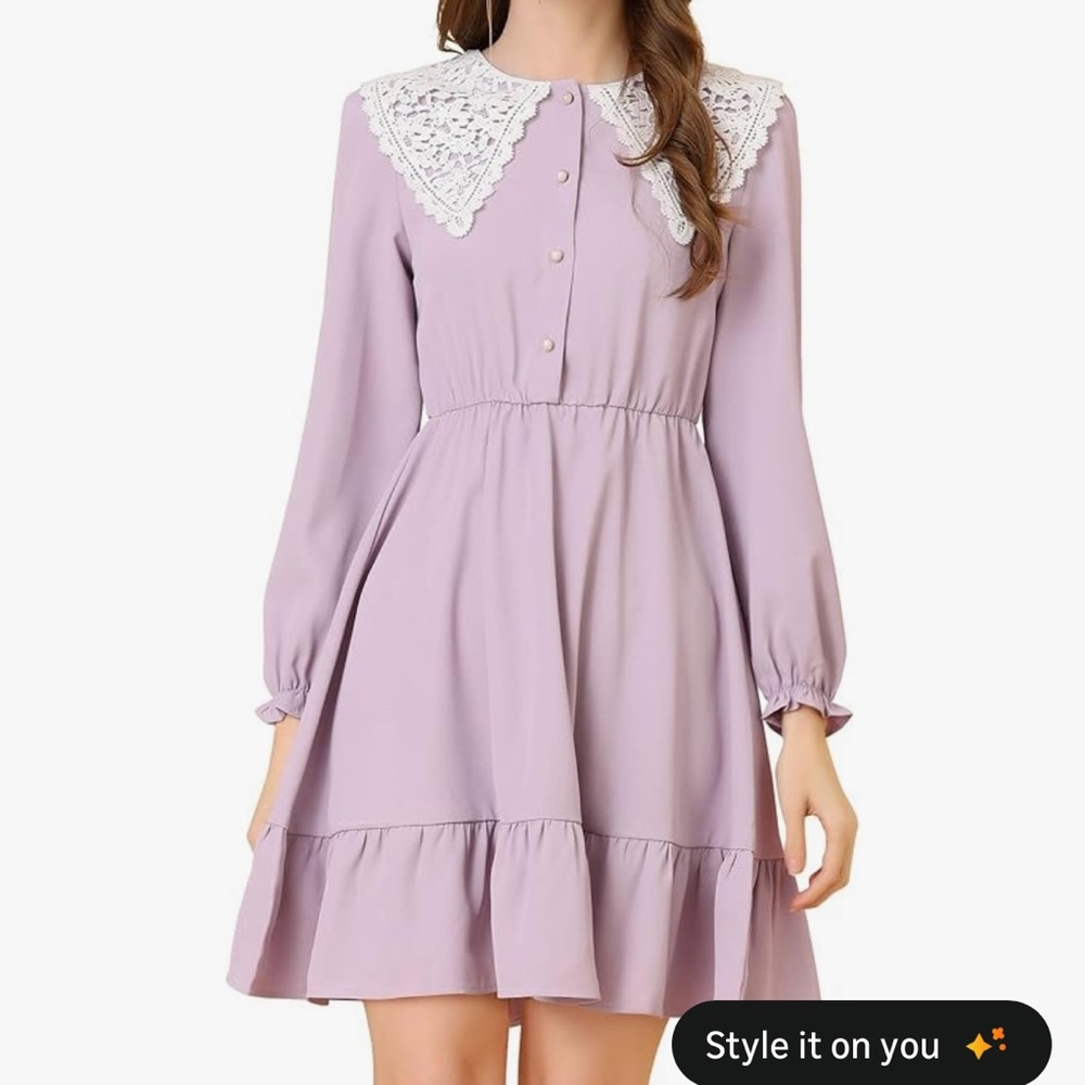 Vintage Ruffle Hem Dresses A-Line Crochet Peter Pan Collar Dress